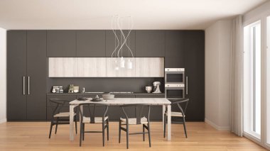 Ahşap zeminli, modern gri mutfak, klasik iç mekan. 