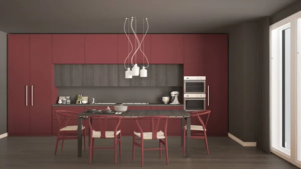 Cuisine moderne minimaliste rouge avec plancher en bois, intérieur classique d — Photo