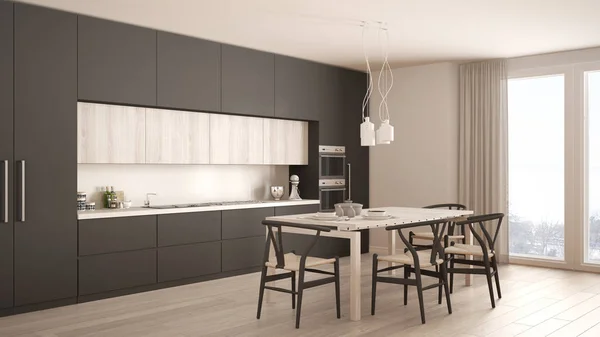 Modernt minimalt grått kök med trägolv, klassisk interiör — Stockfoto
