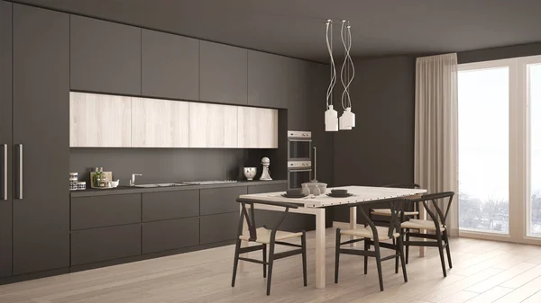 Moderna cocina gris minimalista con suelo de madera, interior clásico — Foto de Stock