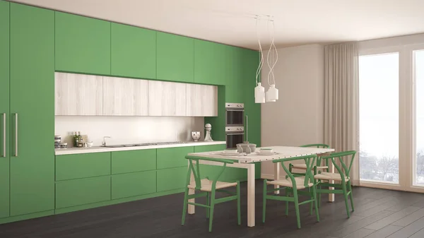 Μοντέρνα minimal πράσινη κουζίνα με ξύλινο πάτωμα, κλασικό εσωτερικό — Φωτογραφία Αρχείου