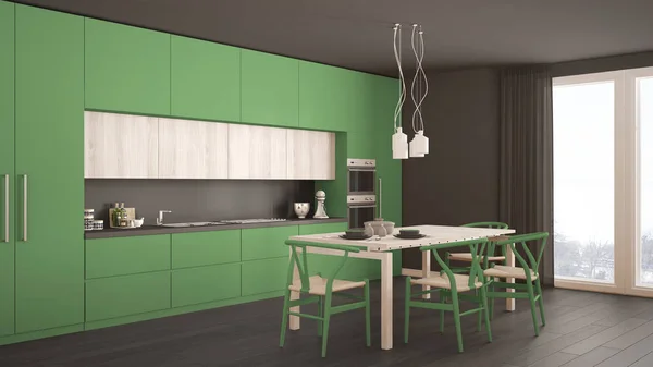 Modern minimal green kitchen with wooden floor, classic interior — Stock Photo, Image