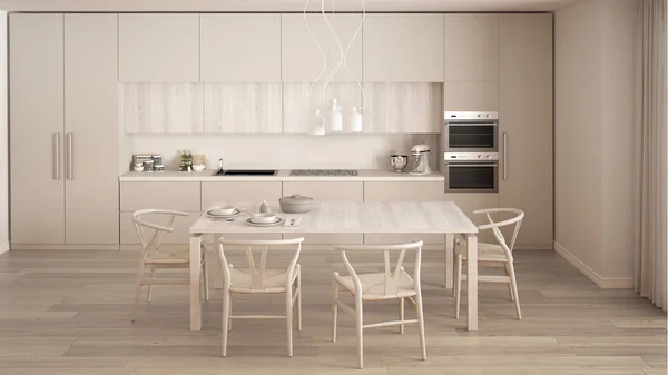 Modern minimal white kitchen with wooden floor, classic interior — Stock Photo, Image