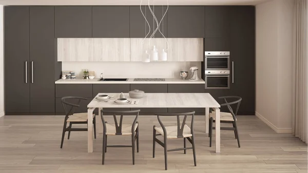 Moderna cozinha cinza mínima com piso de madeira, interior clássico — Fotografia de Stock