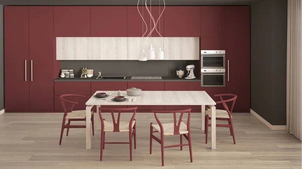 Moderne minimale rote Küche mit Holzboden, klassisches Interieur — Stockfoto