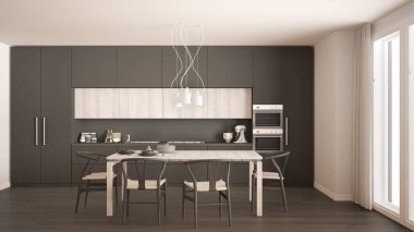 Ahşap zeminli, modern gri mutfak, klasik iç mekan. 