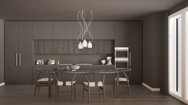 Ahşap zeminli, modern gri mutfak, klasik iç mekan. 