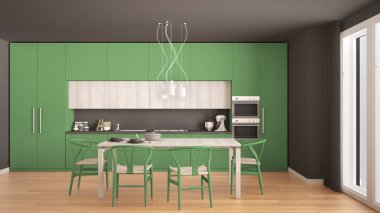 Ahşap zeminli, modern yeşil mutfak, klasik iç mekan.