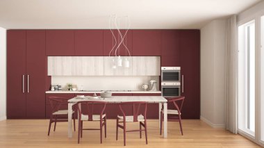 Ahşap zeminli modern kırmızı mutfak, klasik iç mekan.