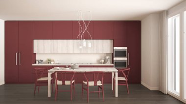 Ahşap zeminli modern kırmızı mutfak, klasik iç mekan.