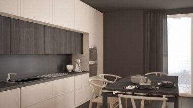 Ahşap zemini ve klasik iç mimarisi olan modern beyaz mutfak.