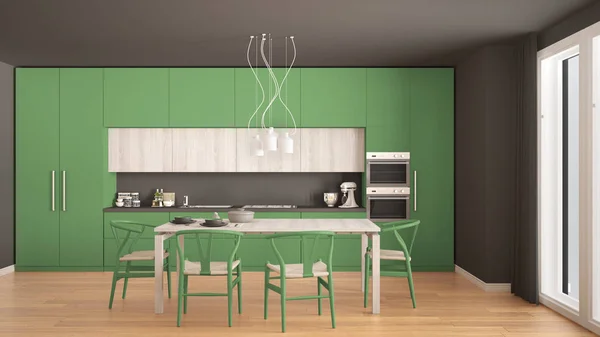 Moderna cocina verde minimalista con suelo de madera, interior clásico — Foto de Stock