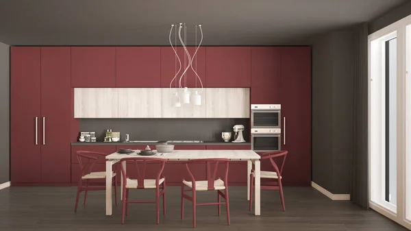 Moderne minimale rote Küche mit Holzboden, klassisches Interieur — Stockfoto