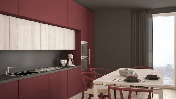 Современная минимальная красная кухня с деревянным полом, классический интерьер d — стоковое фото