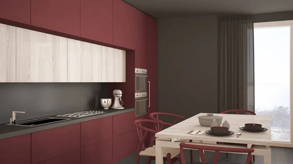 Moderna cocina roja minimalista con suelo de madera, interior clásico d — Foto de Stock