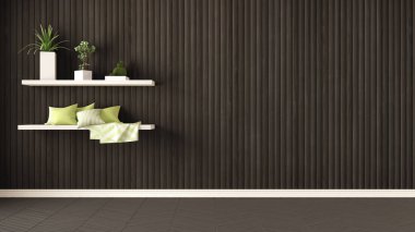 Boş oda, yastık ve sulu Saksı bitkileri, raflara o