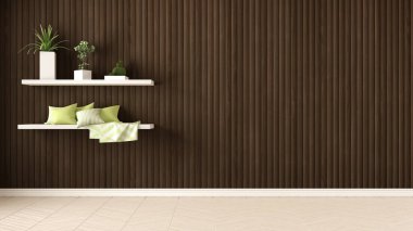 Boş oda, yastık ve sulu Saksı bitkileri, raflara o