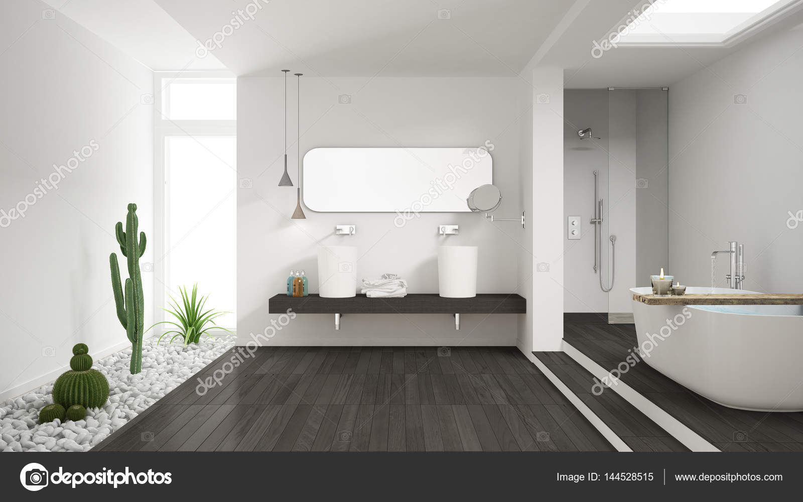 Minimalistische weiße badezimmer mit sukkulentengarten holzboden