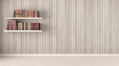 Boş oda, eski kitaplar, balıksırtı parke ve ahşap raflara