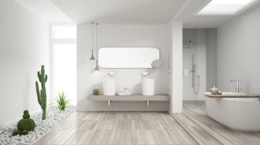 Minimalist beyaz banyo sulu bahçeli ahşap zemin bir