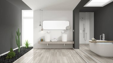 Minimalist beyaz banyo sulu bahçeli ahşap zemin bir