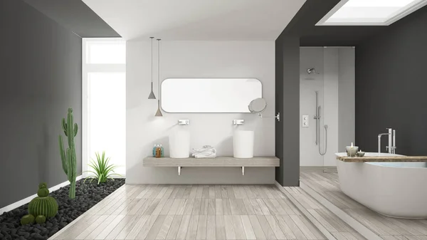 Μινιμαλιστικό λευκό μπάνιο με τις χυμώδεις κήπο, ξύλινο πάτωμα ενός — Φωτογραφία Αρχείου