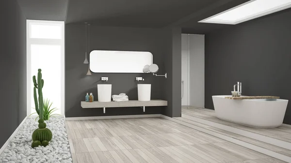 Minimalista baño blanco con suculento jardín, suelo de madera y —  Fotos de Stock