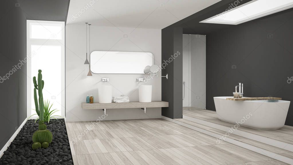 Piso gris minimalista | Baño minimalista con suculento jardín, piso de