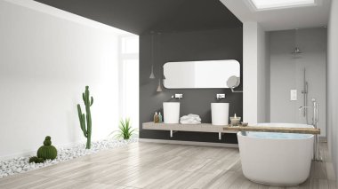 Minimalist beyaz banyo sulu bahçeli ahşap zemin bir