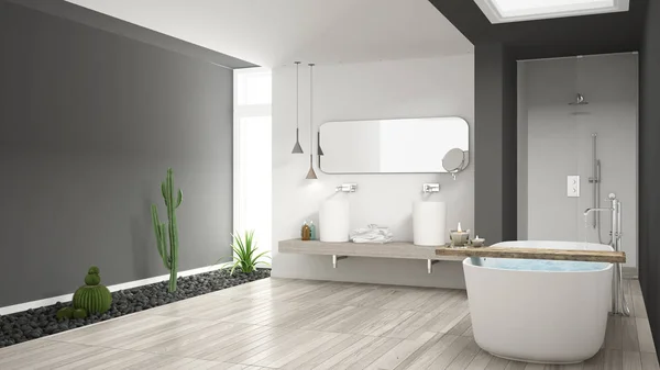 Piso gris minimalista | Baño minimalista con suculento jardín, piso de
