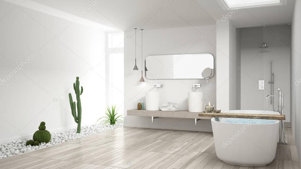 Minimalist white bathroom with succulent garden, wooden floor an