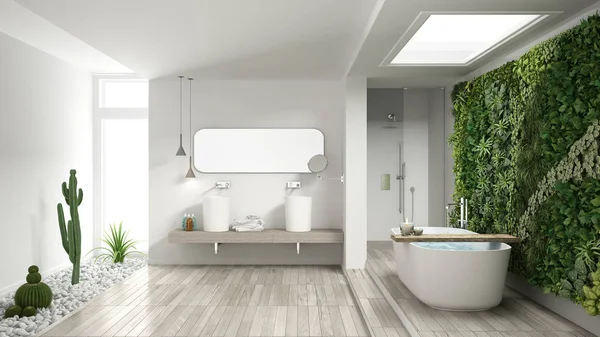 Minimalistický bílý koupelna se vertikální a sukulentní zahradou, wo — Stock fotografie