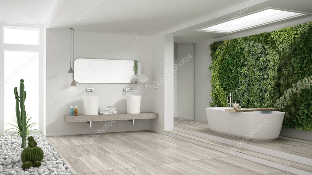 Minimalist white bathroom with vertical and succulent garden, wo