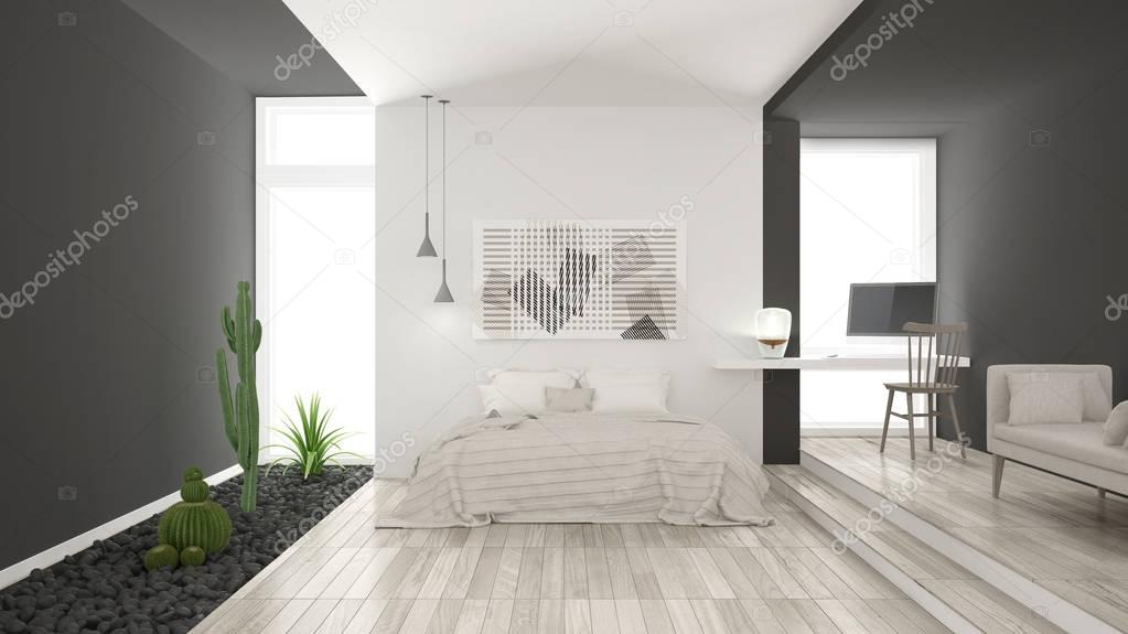 Scandinavian minimalist white and gray bedroom with succulent ga