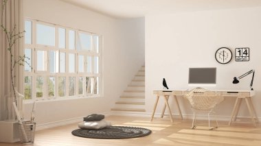 İskandinav ev ofisi, çatı katı işyeri, minimalist iç mekan