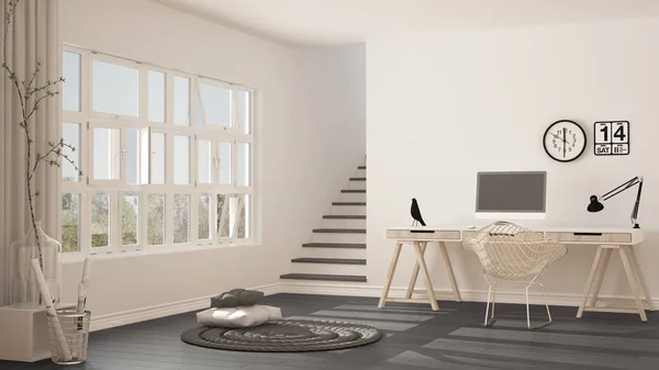 Home office scandinavo, loft sul posto di lavoro, interior de minimalista — Foto Stock