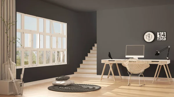 Skandynawskie biuro domowe, miejsce pracy na poddaszu, minimalistyczne wnętrze — Zdjęcie stockowe