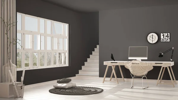 Oficina en casa escandinava, loft lugar de trabajo, interior minimalista de —  Fotos de Stock