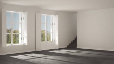 Pencereleri ve merdivenleri olan boş bir oda, minimalist İskandinav girişi