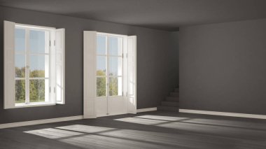 Pencereleri ve merdivenleri olan boş bir oda, minimalist İskandinav girişi