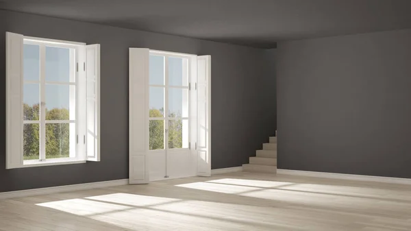 창문과 계단이 있는 텅 빈 방, 미니멀리즘적 인 추문 — 스톡 사진