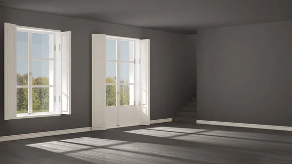 창문과 계단이 있는 텅 빈 방, 미니멀리즘적 인 추문 — 스톡 사진