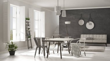 Büyük pencereli İskandinav oturma odası, minimalist beyaz ve 