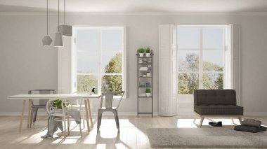 Büyük pencereli İskandinav oturma odası, ba bahçeli panorama