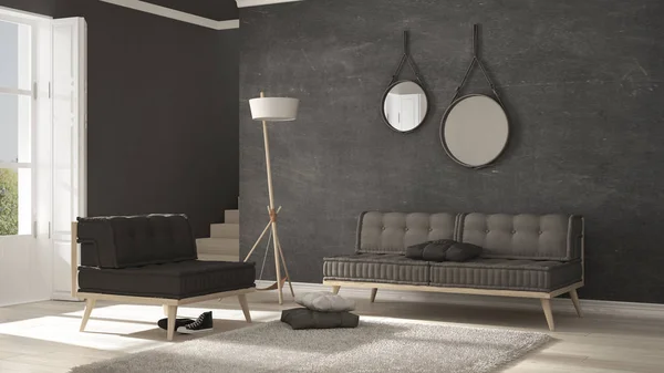 Sala de estar escandinava con sofá y alfombra suave, minimalista — Foto de Stock