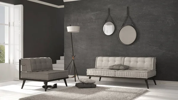Scandinavische woonkamer met bank en zacht tapijt, minimalistisch — Stockfoto