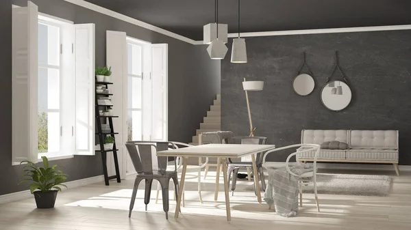 Soggiorno scandinavo con grandi finestre, minimalista bianco e — Foto Stock