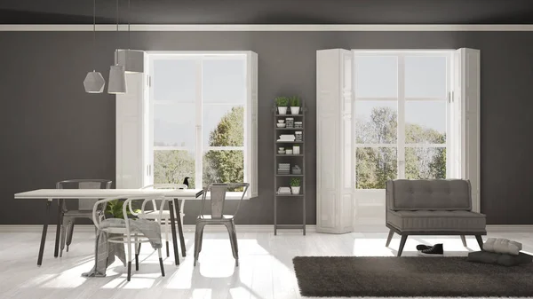 Scandinavische woonkamer met grote ramen, tuin panorama in ba — Stockfoto