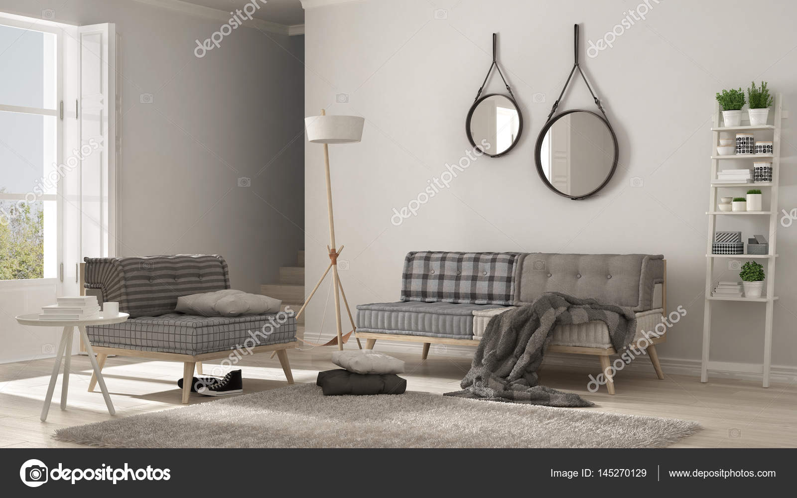 Skandinaviska vardagsrum med soffa, fåtölj och mjuk päls matta ...