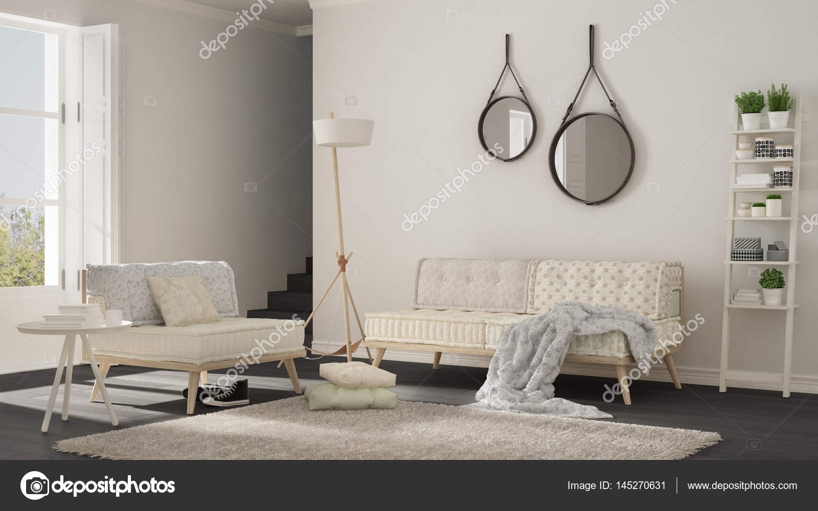 Scandinavian Living Room With Couch Armchair And Soft Fur